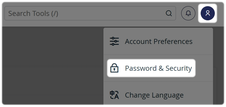 Select the profile icon located at the top left then select Password and Security