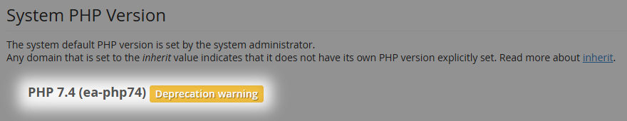 the cPanel PHP Management interface with the PHP version deprecation warning