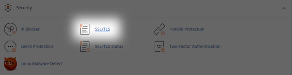 section of a cpanel interface highlighting the SSL/TLS menu