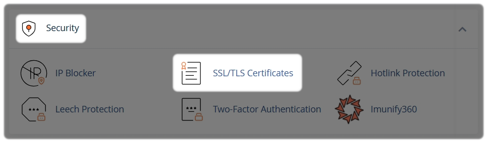 section of a cpanel interface highlighting the SSL/TLS menu