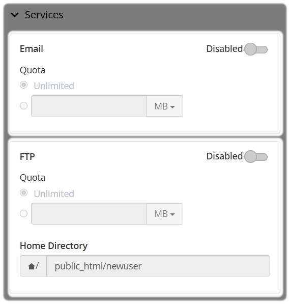 Toggle to Enable specific services such as Email or FTP