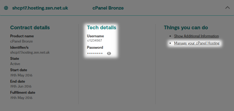 The login details for the cPanel and a link to Manage your cPanel Hosting