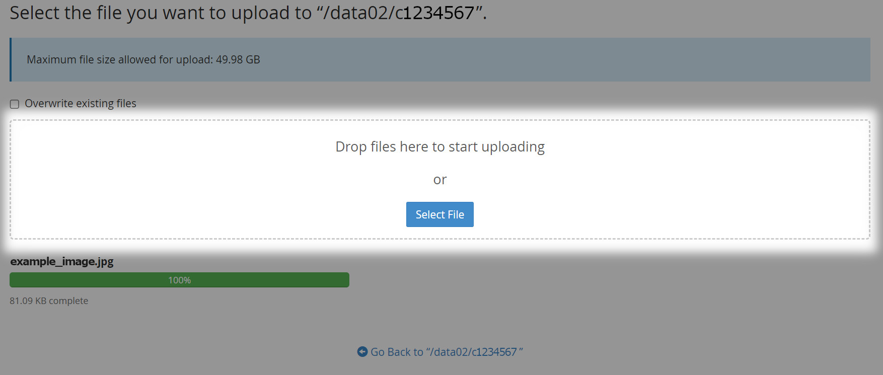 Highlighted section of the cPanel interface to browse for or drag and drop files