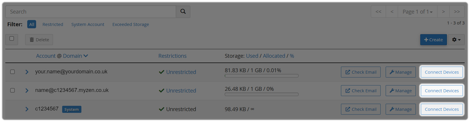 cPanel Email Connect Device | Zen internet Highlighted button to connect a device