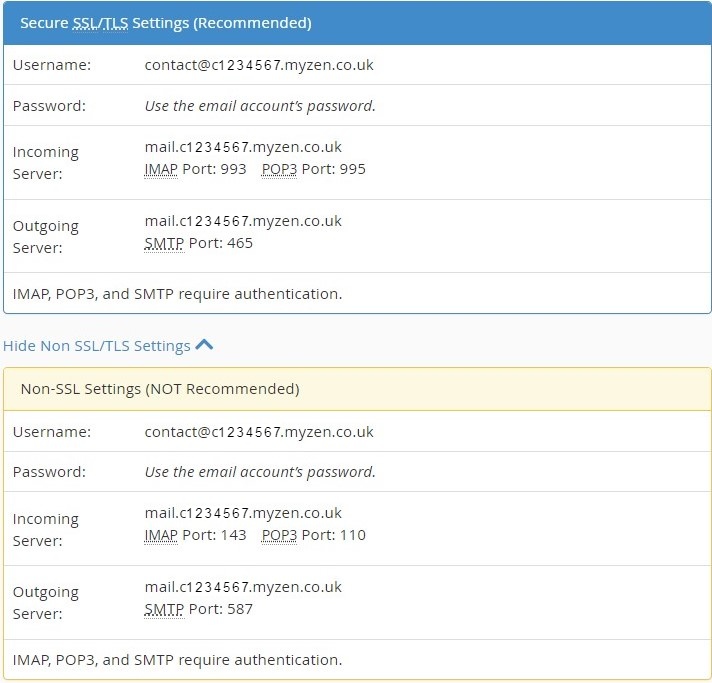 Two coloured tables with settings to enter manually into a mail client