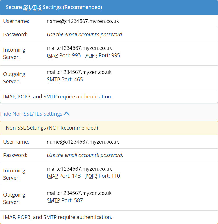 cPanel Email Device Manual Setup | Zen internet Two coloured tables with settings to enter manually into a mail client