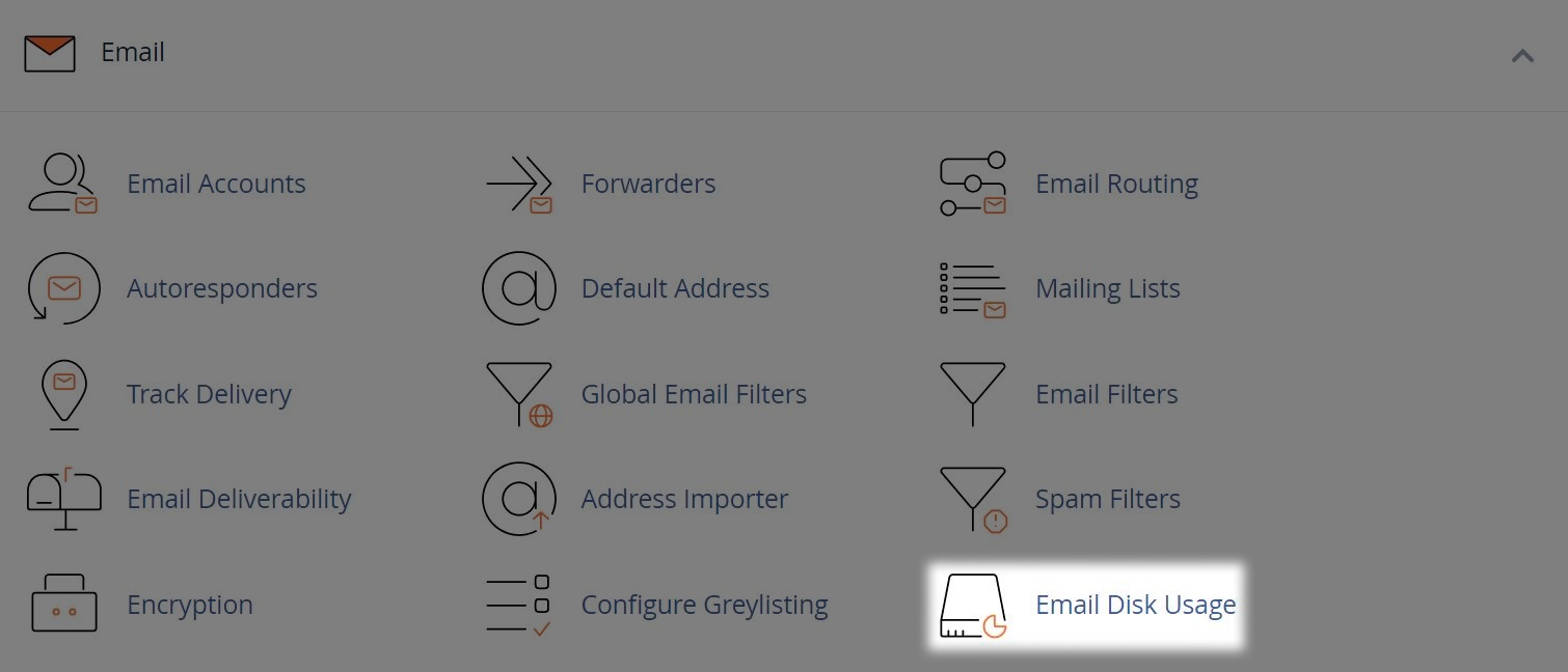 email menu with the email disk usage sub menu highlighted