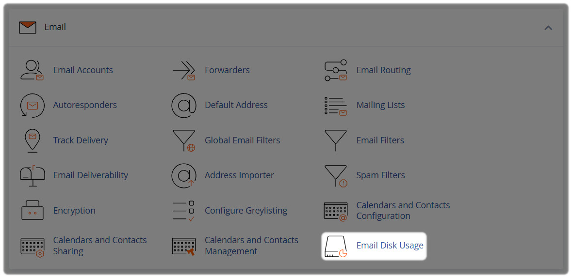 cPanel Email Disk Usage | Zen internet email menu with the email disk usage sub menu highlighted