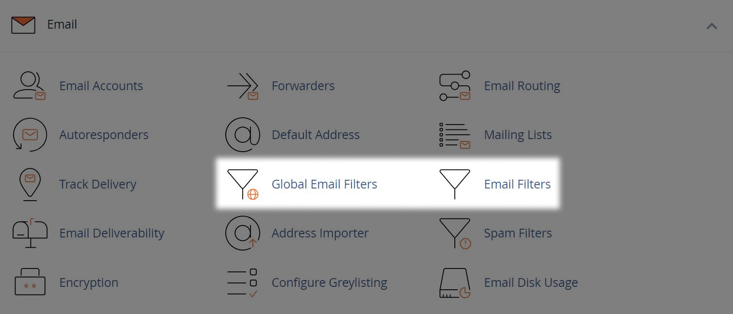 email menu with the options for global email filters and email filters highlighted