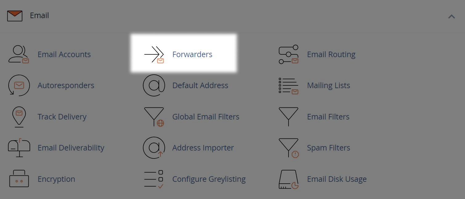 Open Menu for email settings with the forward menu selected