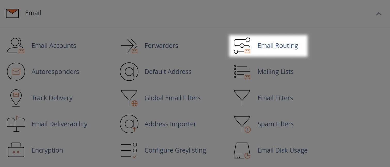 email menu with the email routing sub menu highlighted