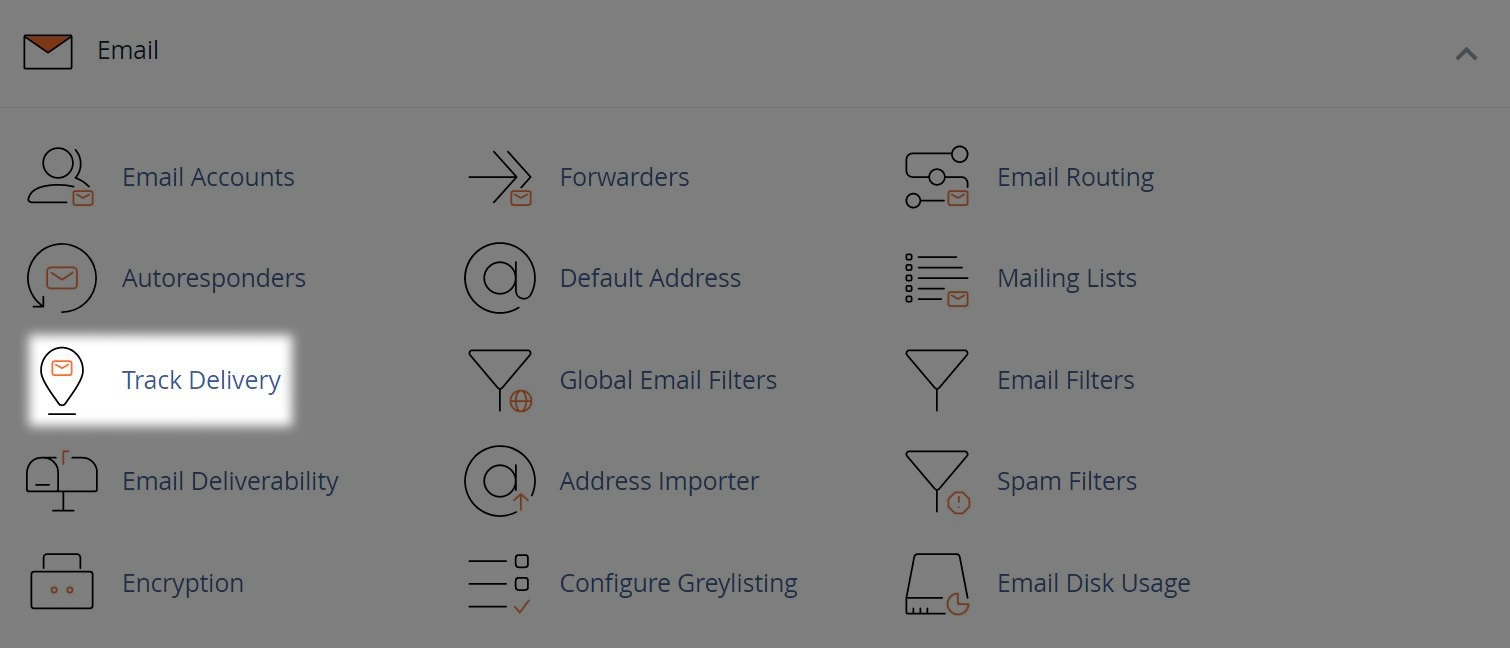Email menu with the track delivery sub menu highlighted