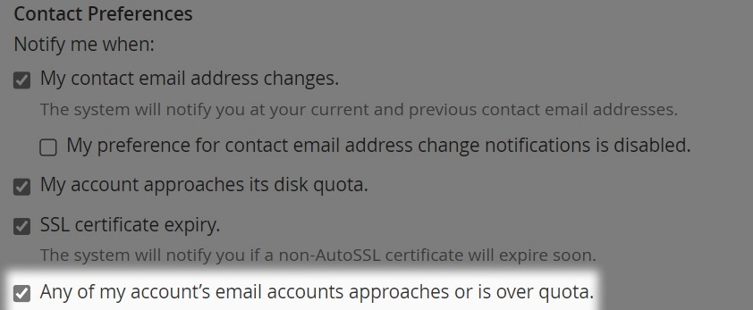 multiple setting tickboxes one highlighted for sending email quota alerts