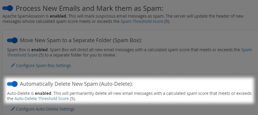 on / off switch to auto delete spam