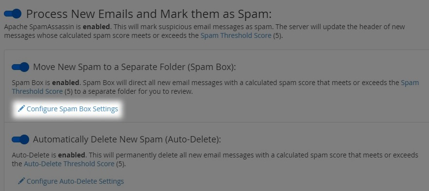 hyperlink to configure spam folder settings