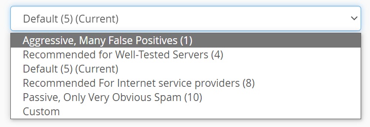 drop down field with options to set a spam score against a numerical and likeness value