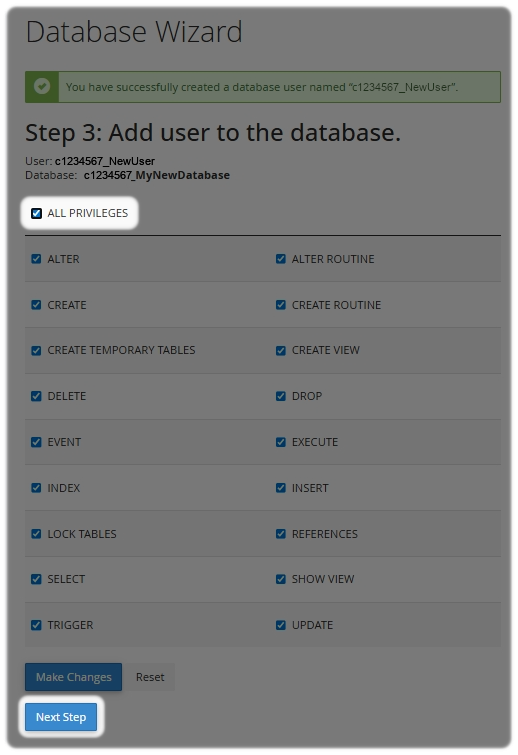 Select the User Privileges for the Database, usually select all then select next step 