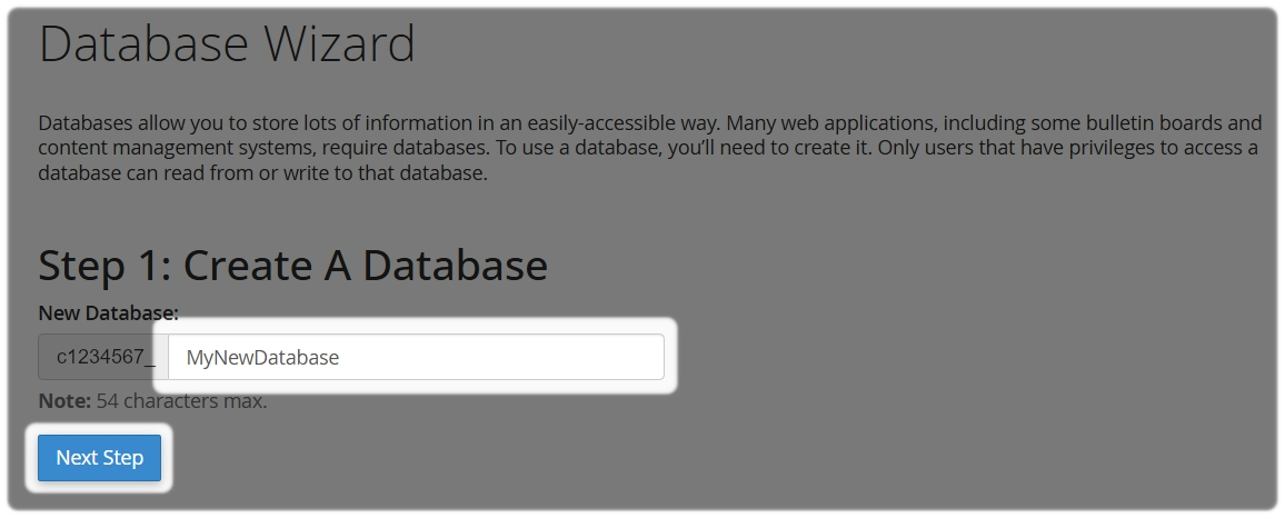 Create a Database name then select Next Step