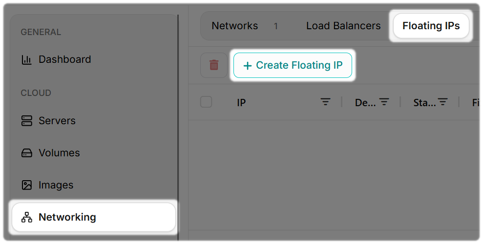 Create a Floating IP in CloudFlex, Networking, Floating IP then Create Floating IP.