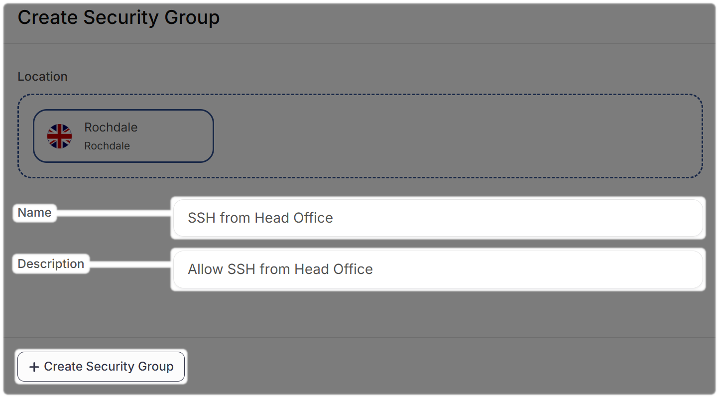 Create a Security Group enter Name and Description boxes then select Create Security Group.