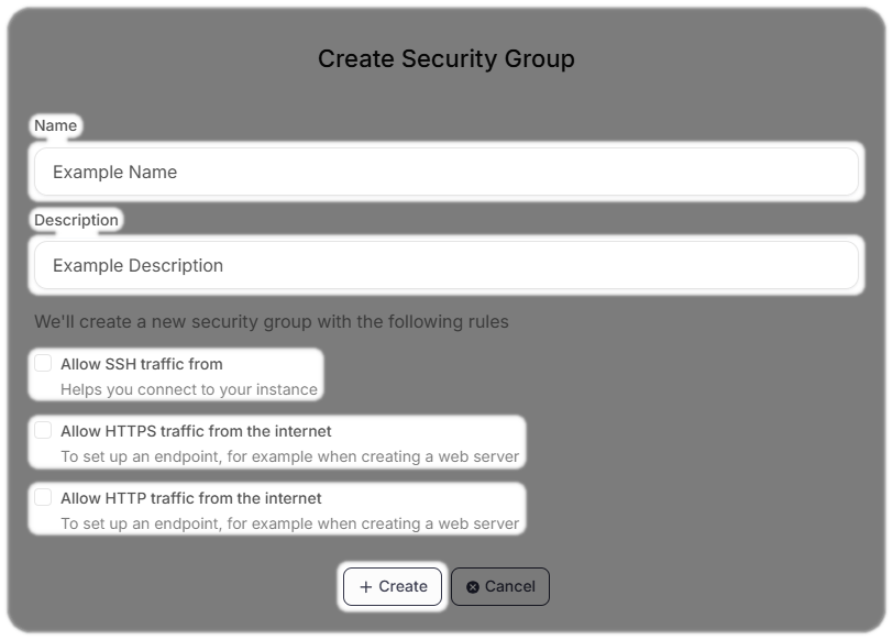 Create Security Group for SSH, HTTPS and HTTP traffic, then create.