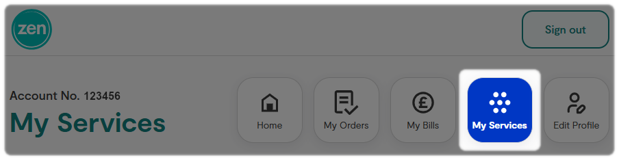 heading menu tabs with the selection for My Services highlighted