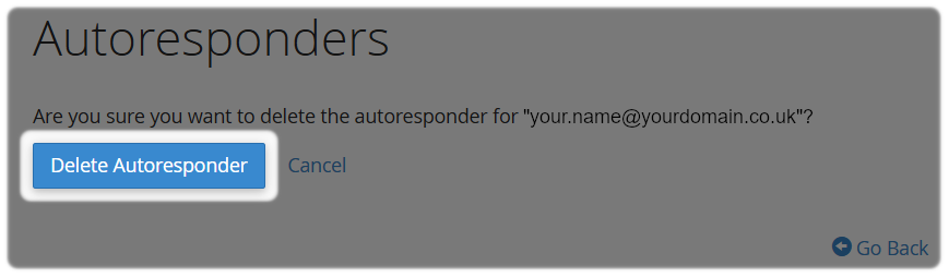 Confirm Delete Autoresponder with option to go back.
