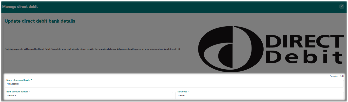 Direct Debit Information page, confirm then verify Bank details