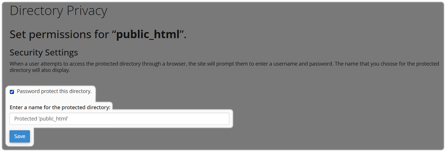 Directory Privacy access name and permissions then Save