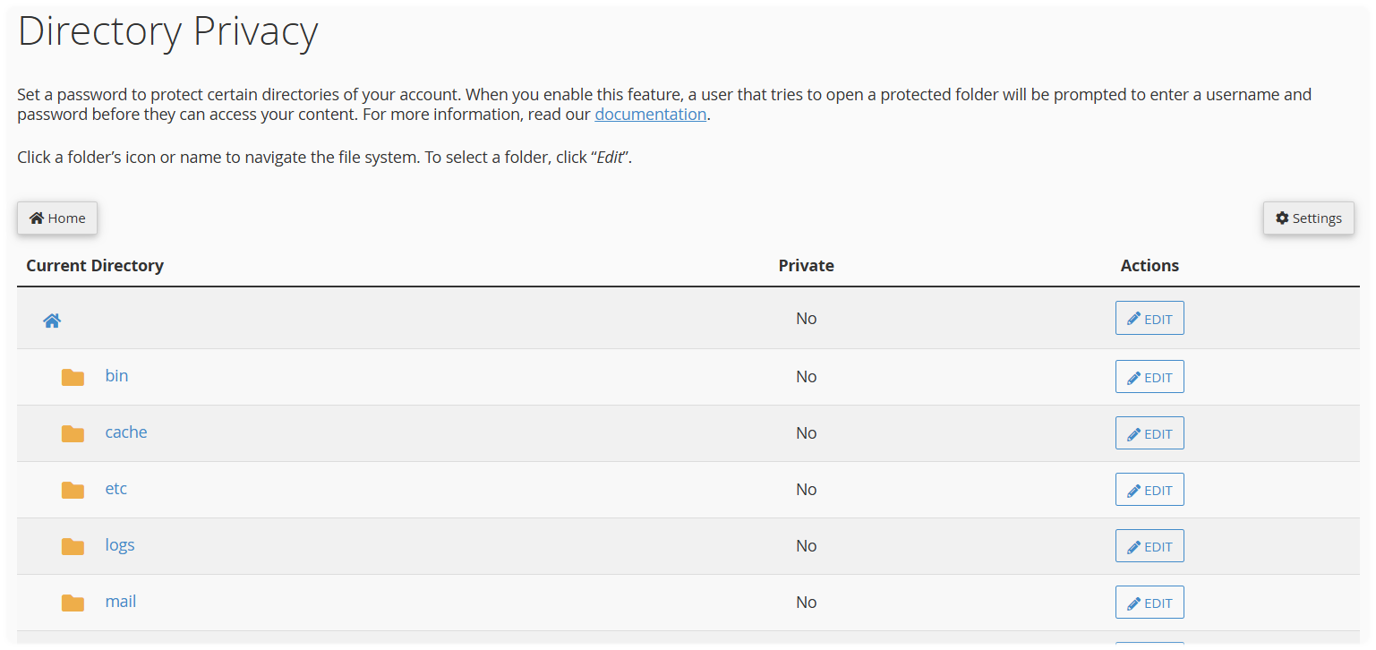 Directory Privacy showing a list of folders to edit