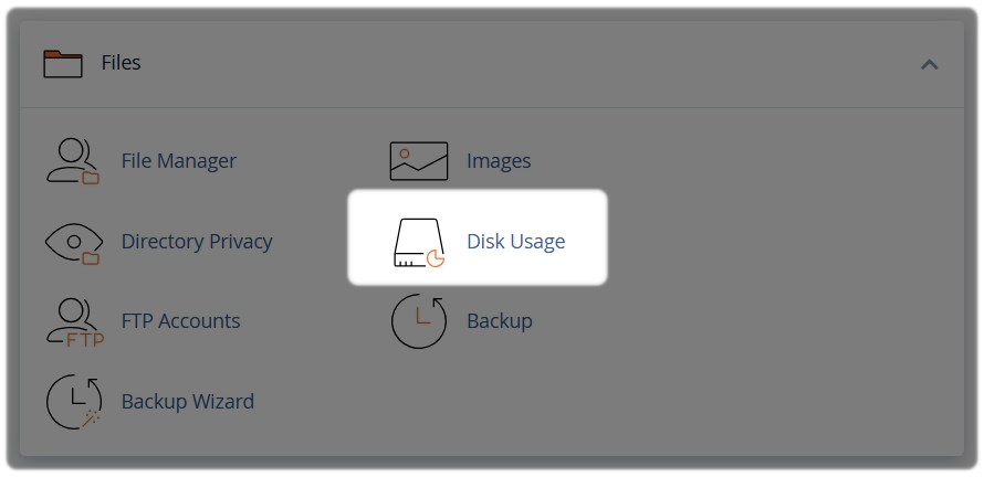 cPanel files section with Disk Usage highlighted