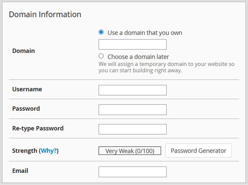 Domain Information page with sections to be entered