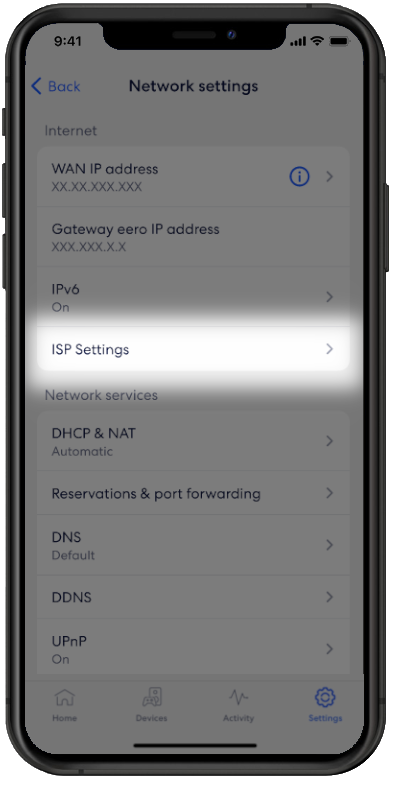Eero App with the option to change ISP settings selected