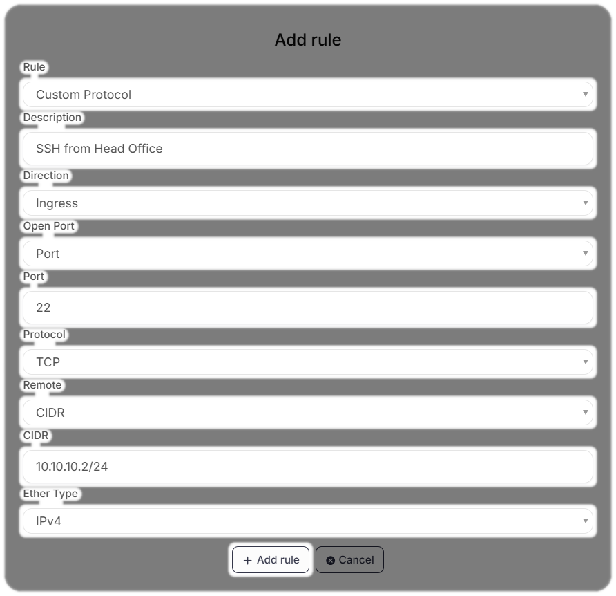 Example Security Rules for the security group with add rule located at the bottom.