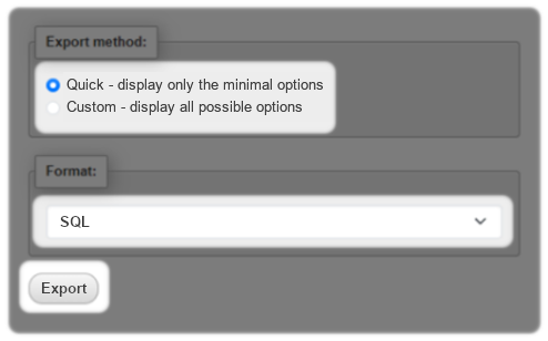 Export Method with Quick, using SQL format and Export highlighted