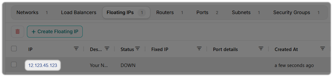 Floating IP page showing Assigned IP from Pool.