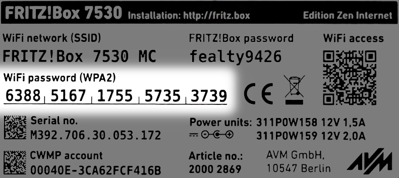 label of a FRITZ!Box 7530 with the WiFi password highlighted