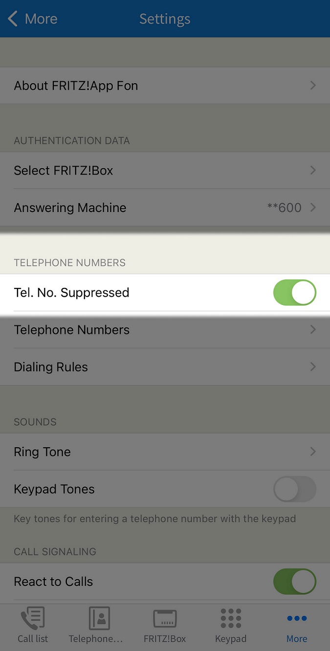 App Interface switch to supress a telephone number when making calls