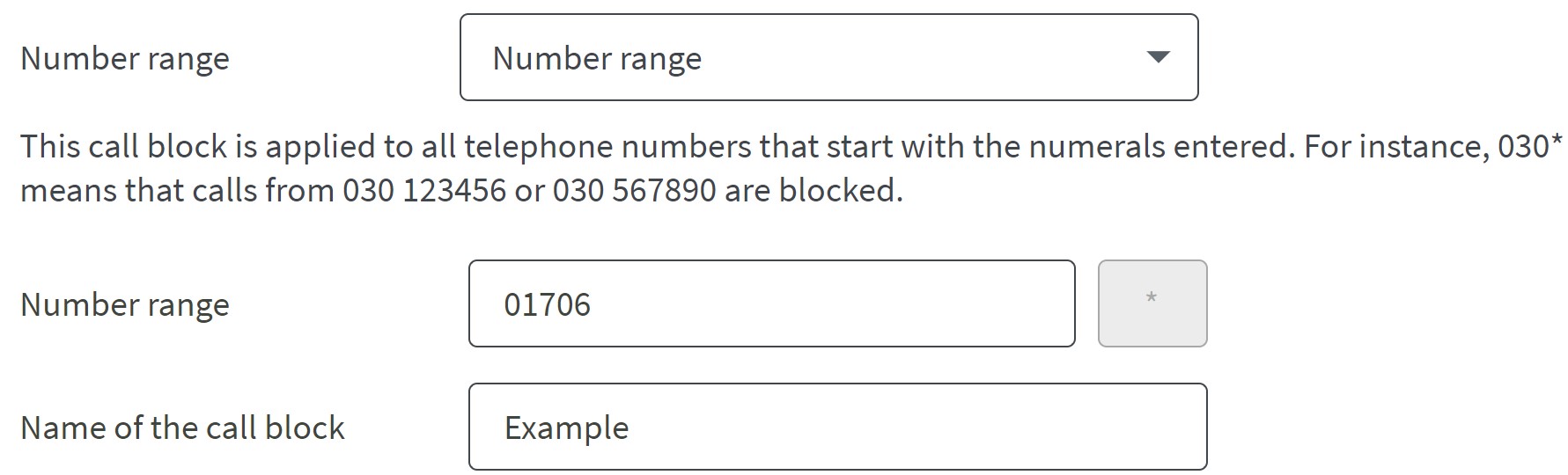 text boxes to indicate what call block is in place on what number range and the nickname of the call block