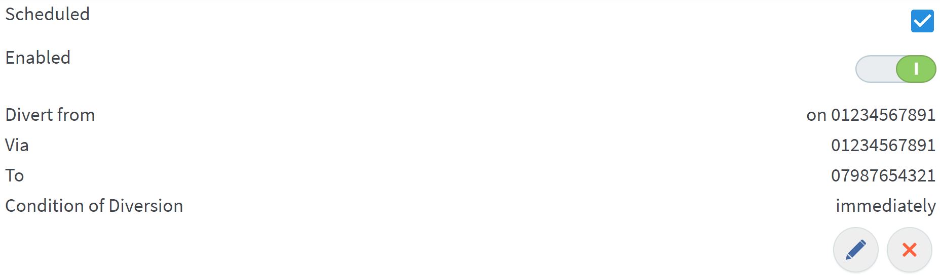 Box depicting call diversion settings from 01234567891 to divert to 07987654321 immediately are selected for an active schedule