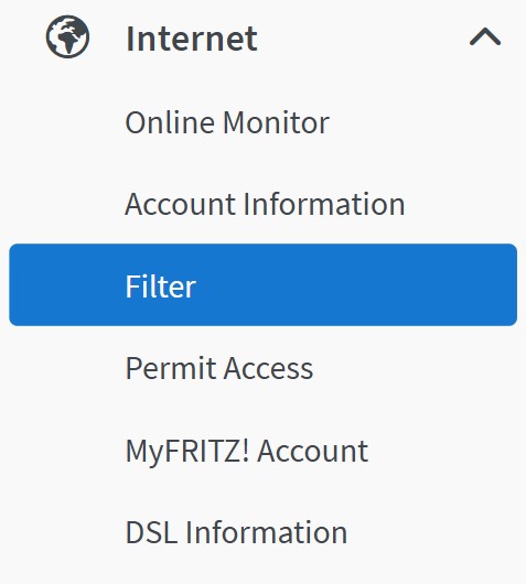 Fritz!Box Internet Filters Menu | Zen internet