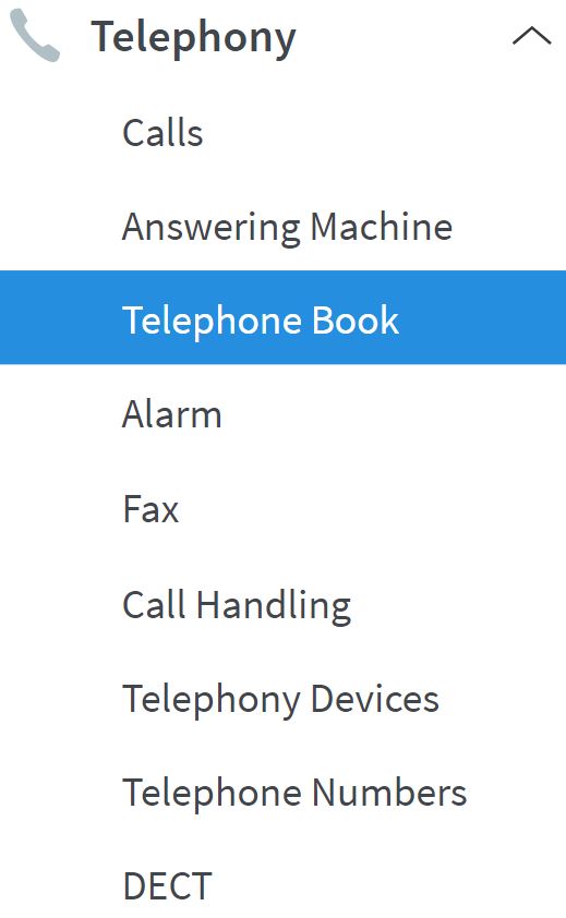 sub menu for telephone book settings within the FRITZ!Box Interface