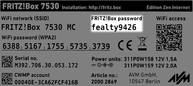 Label on the back of FRITZ!Box detailing the wifi and log in details