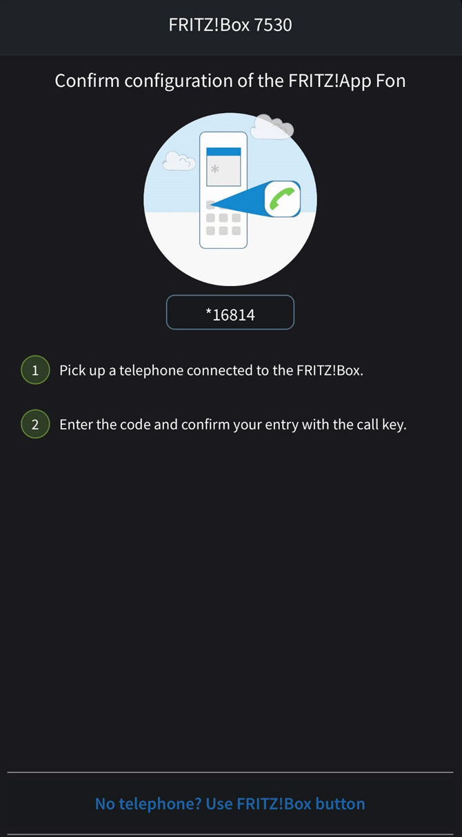 A confirm configuration screen with the option to use a FRITZ!Box button