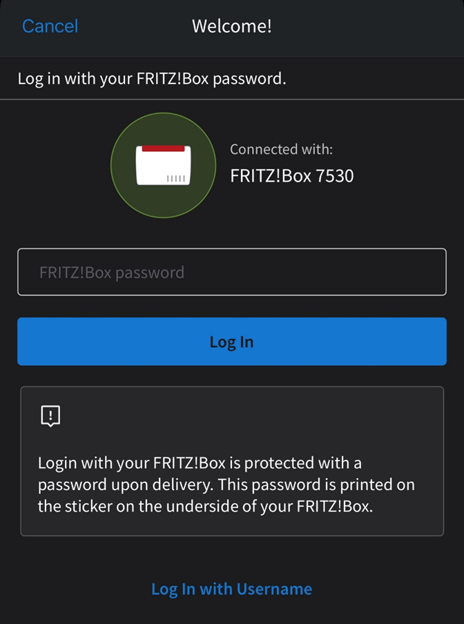The FRITZ!FON login screen requesting the FRITZ!BOX password