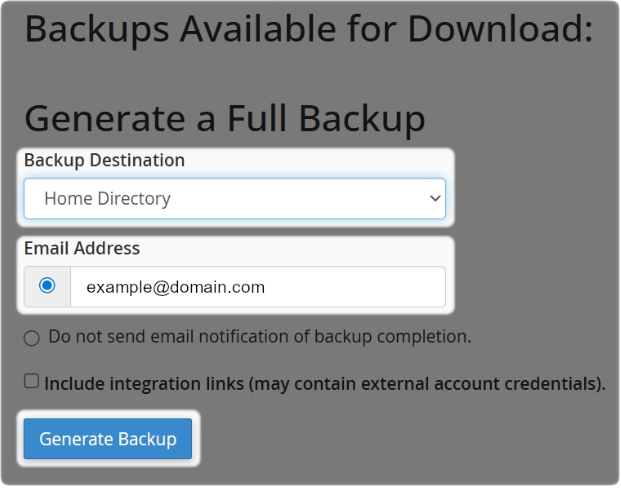 Generate Backup to home directory with the email address entered 