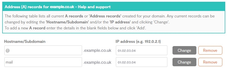 Hostname and IP Address text fields for an Domain A record in the Home Portal