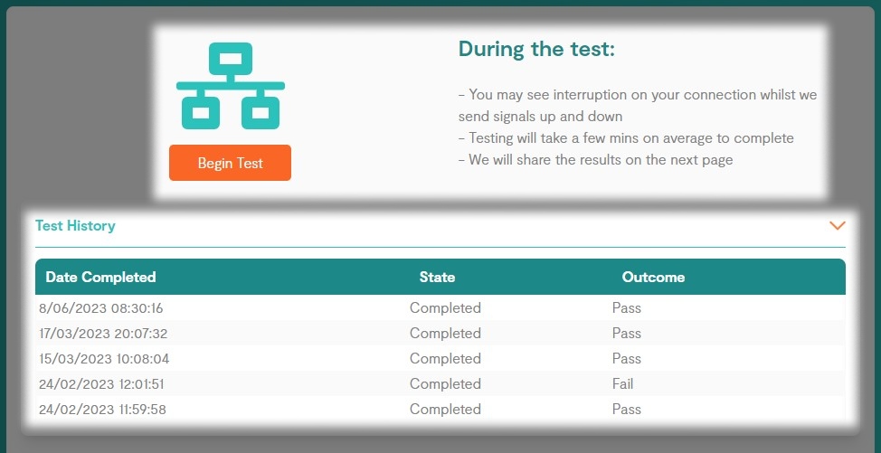 Highlighted areas of the Home Portal showing how to begin a service test and service test history