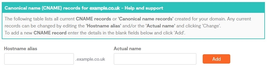 Hostname and Actual name text fields for an Domain CNAME record in the Home Portal