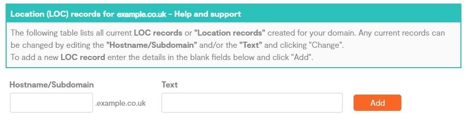 Hostname and Text fields for an Domain LOC record in the Home Portal